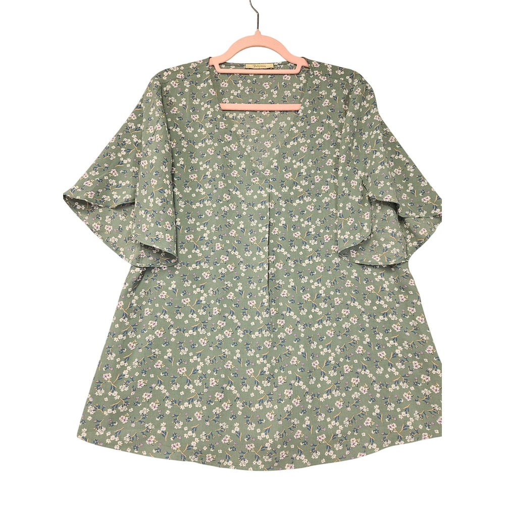 Bebonnie Women Sage Green Floral Flutter Sleeve V-Neck Pleated Blouse Large